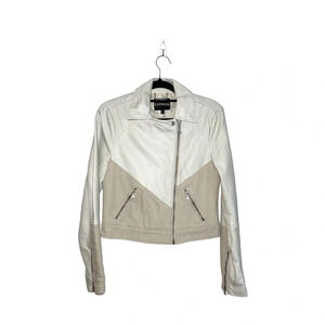 Express Cream & Tan Contrast Full Zip Leather Jacket Small Women’s